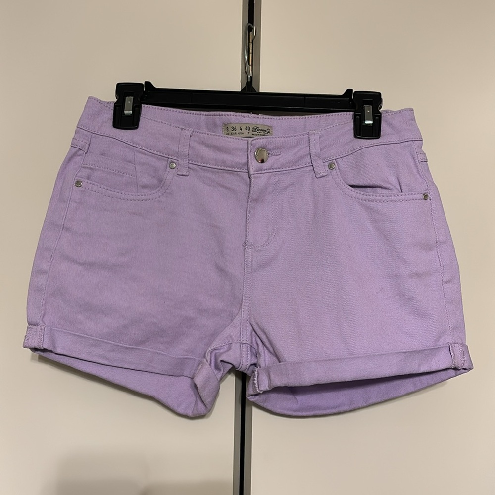 Lavender purple, mid-rise denim shorts